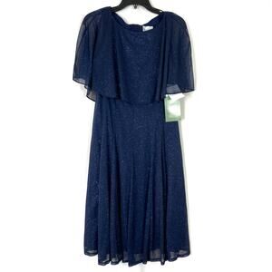 J. Taylor Navy Blue Sparkly Overlay Dress Mid Length 100% Polyester Womens NWT